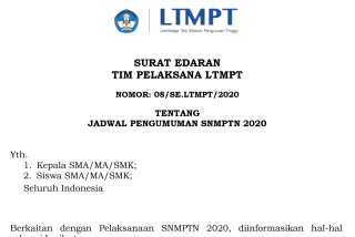 Edaran LTMPT, Tentang Jadwal Pengumuman SNMPTN 2020